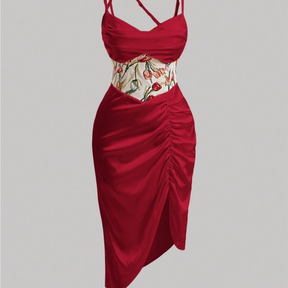 Elegant Red Floral Waist Dress
